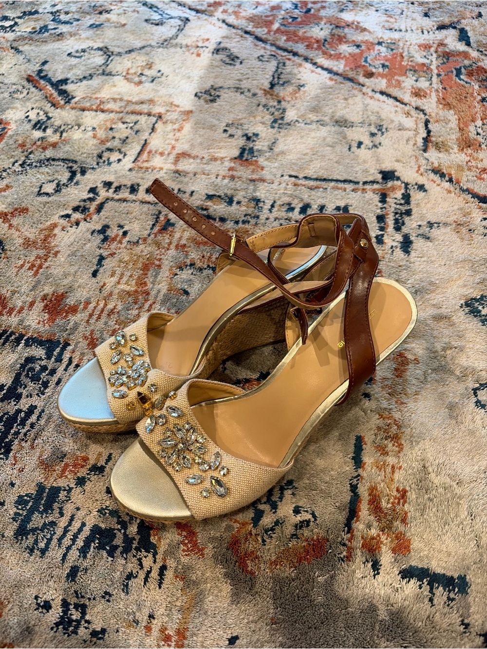 Liz Claiborne Gold and Brown Jeweled Wedge Sandals